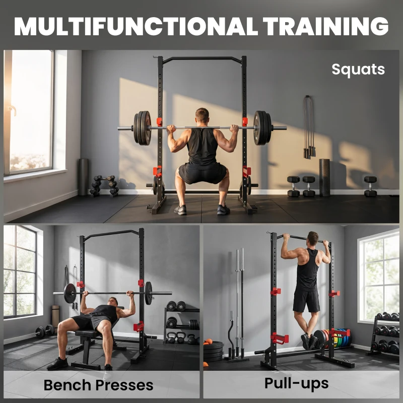 Soozier Power Cage Squat Rack, 1100LB Heavy-Duty Power Rack with Pull-Up Bar, Adjustable J-Hooks, Plates and Barbell Storage