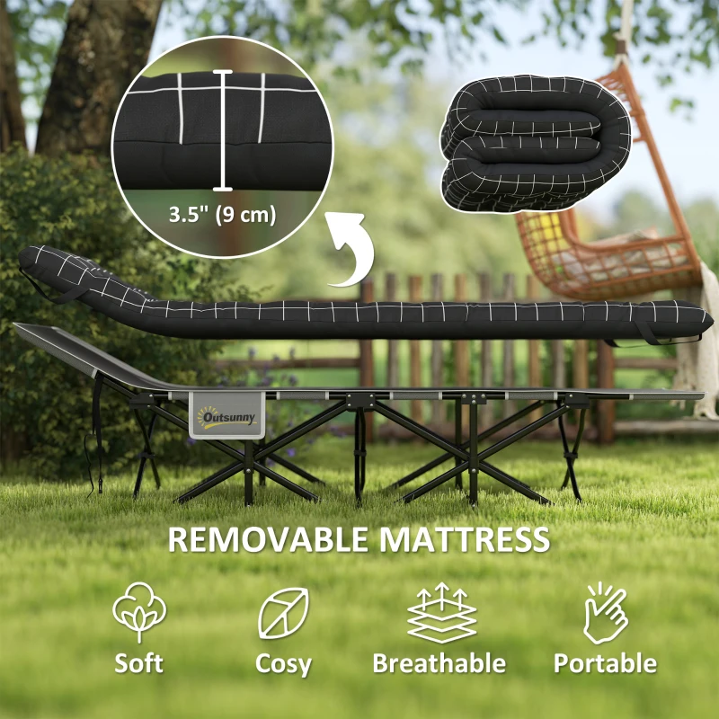 Outsunny 26.4" Wide Folding Bed, Camping Cot for Adults with Mattress, Storage Pocket, Carry Bag, Max Load 330 LBS, Black