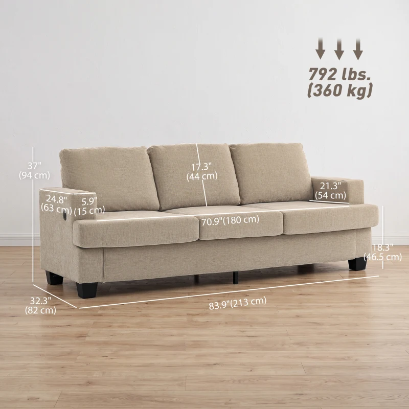 HOMCOM 3 Seater Sofa with USB Ports & Cup Holders, Chenille-Feel Upholstered Couch for Living Room, Light Brown