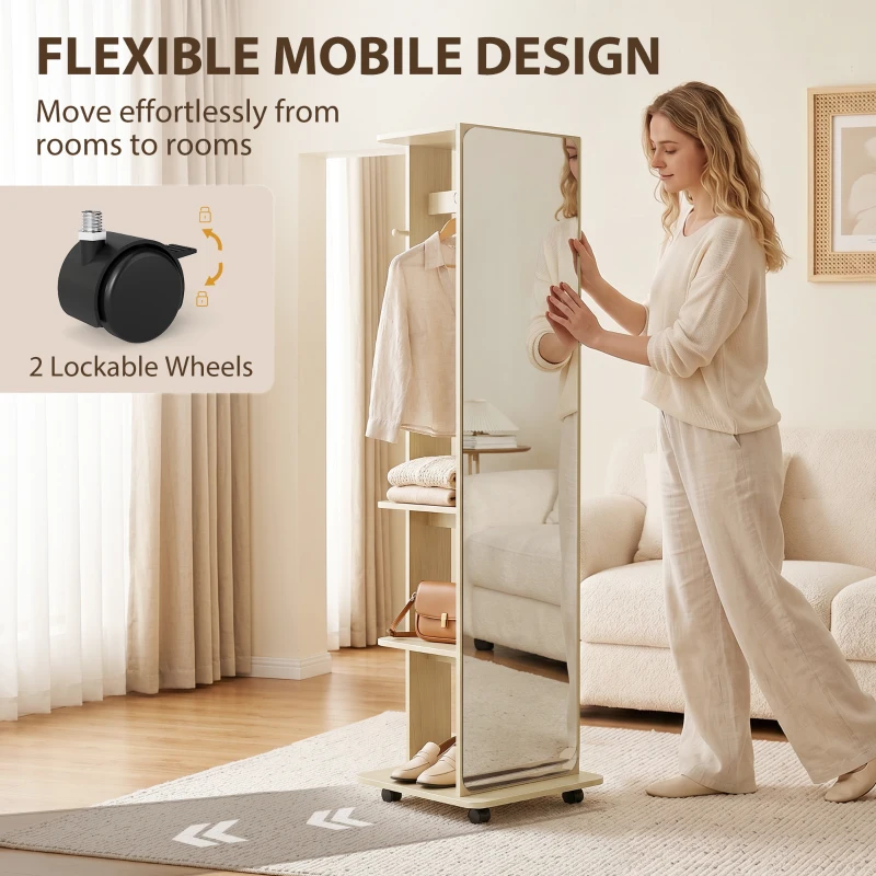 HOMCOM 15" x 62" Full Length Mirror, Tempered Glass Floor Mirror on Wheels with Storage Shelves, Coat Hangers, Natural Wood