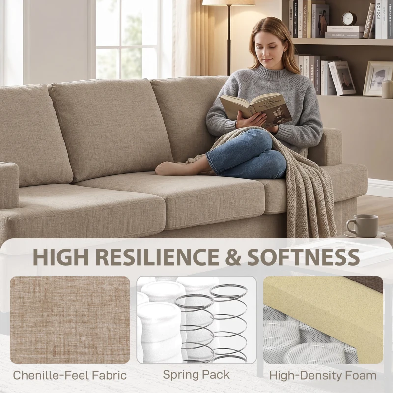 HOMCOM 3 Seater Sofa with USB Ports & Cup Holders, Chenille-Feel Upholstered Couch for Living Room, Light Brown