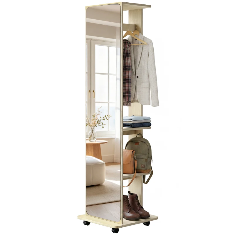 HOMCOM 15" x 62" Full Length Mirror, Tempered Glass Floor Mirror on Wheels with Storage Shelves, Coat Hangers, Natural Wood