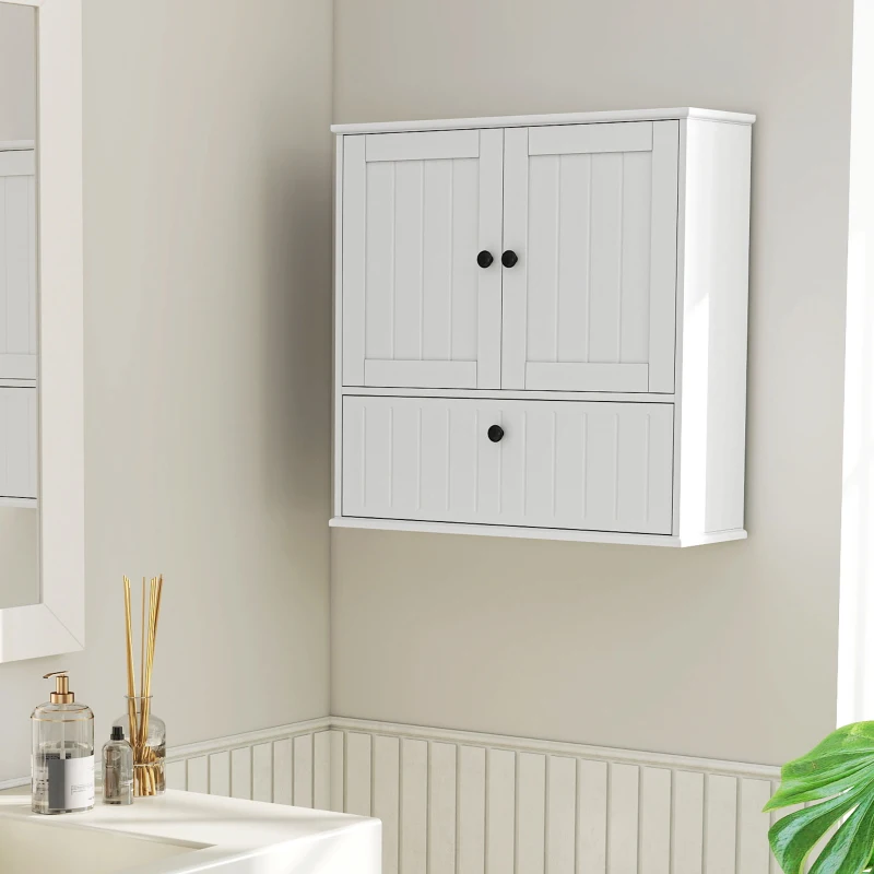 HOMCOM Bathroom Wall Cabinet, Farmhouse Medicine Cabinet with Adjustable Shelves and Flip-Down Door, Over The Toilet, White