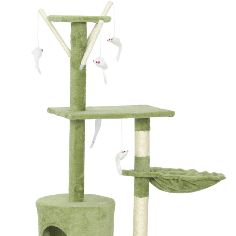 PawHut 53" Cat Tree Tower, Kitten Activity Centre with Scratching Posts, Condo, Perches, Ladder, Hammock, Dangling Toys, Green