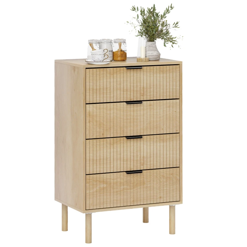 HOMCOM Chest of Drawers, 4 Drawer Dresser with Fluted Panels and Solid Wood Legs, Storage Cabinet for Living Room, Oak