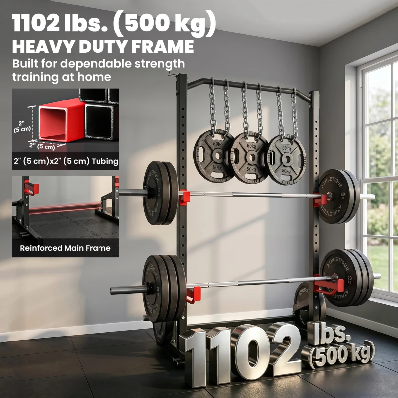 Soozier Power Cage Squat Rack, 1100LB Heavy-Duty Power Rack with Pull-Up Bar, Adjustable J-Hooks, Plates and Barbell Storage
