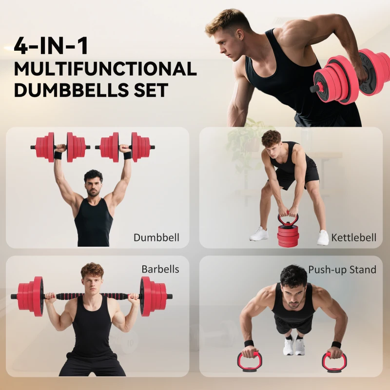Soozier 88lbs 4-in-1 Adjustable Weight Dumbbell Set, Barbell, Kettlebell, Push Up Stand, Red
