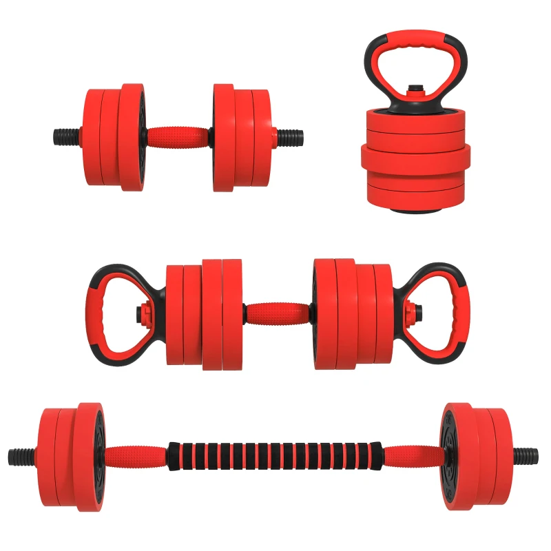 Soozier 66lbs 4-in-1 Adjustable Weight Dumbbell Set, Barbell, Kettlebell, Push Up Stand, Red
