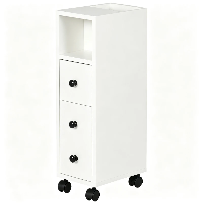 kleankin Slim Bathroom Cabinet with Wheels, Narrow Bathroom Storage Cabinet with Door, Drawer and 2 Open Compartments, White