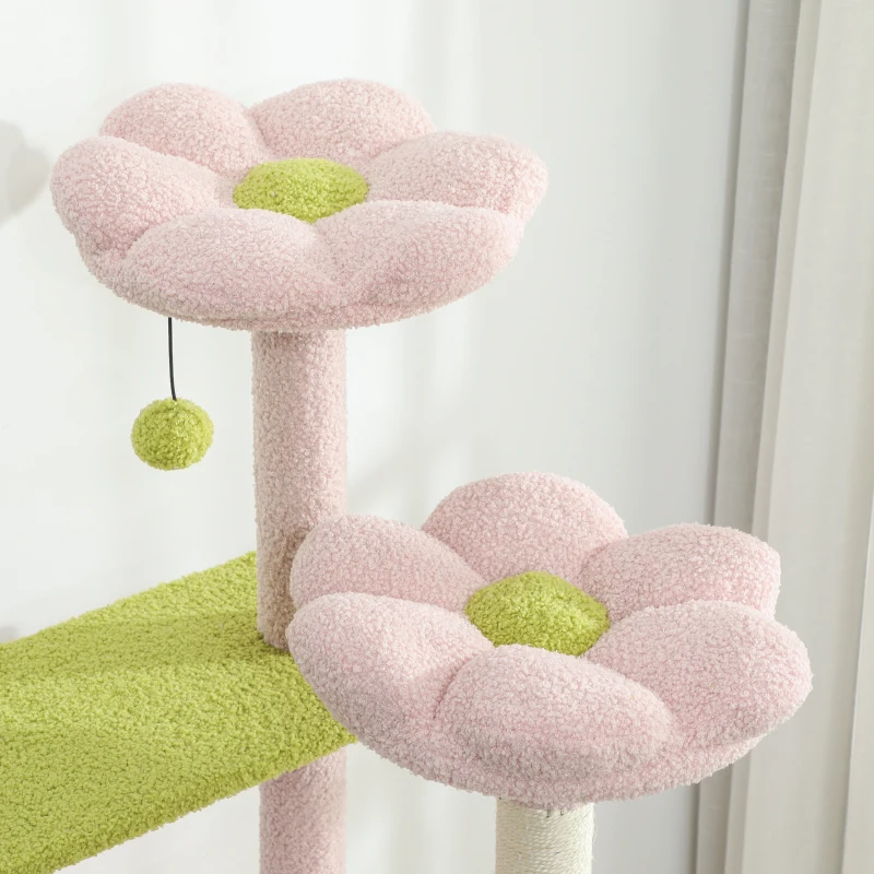 PawHut Flower Cat Tree with Sisal Scratching Posts, Multi-Level Cat Tower, Pink