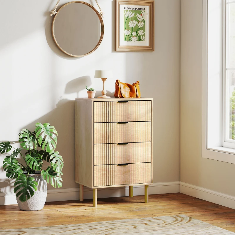 HOMCOM Chest of Drawers, 4 Drawer Dresser with Fluted Panels and Solid Wood Legs, Storage Cabinet for Living Room, Oak