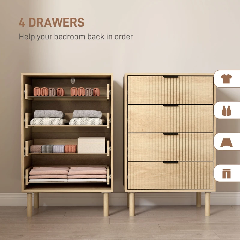 HOMCOM Chest of Drawers, 4 Drawer Dresser with Fluted Panels and Solid Wood Legs, Storage Cabinet for Living Room, Oak
