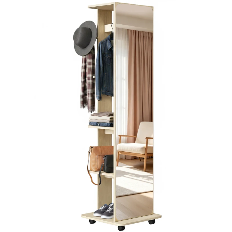 HOMCOM 15" x 62" Full Length Mirror, Tempered Glass Floor Mirror on Wheels with Storage Shelves, Coat Hangers, Natural Wood