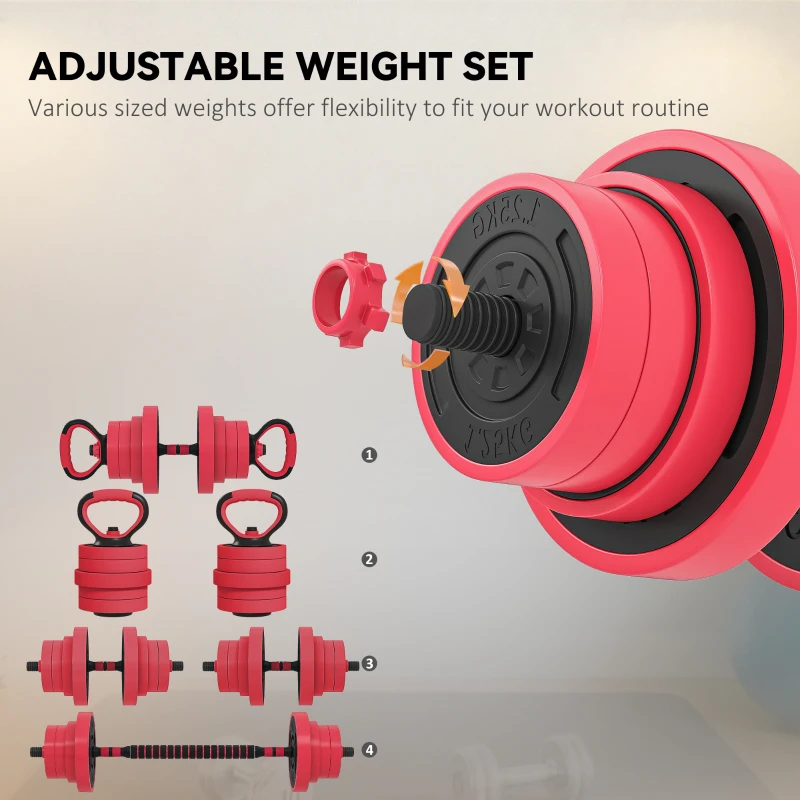 Soozier 88lbs 4-in-1 Adjustable Weight Dumbbell Set, Barbell, Kettlebell, Push Up Stand, Red