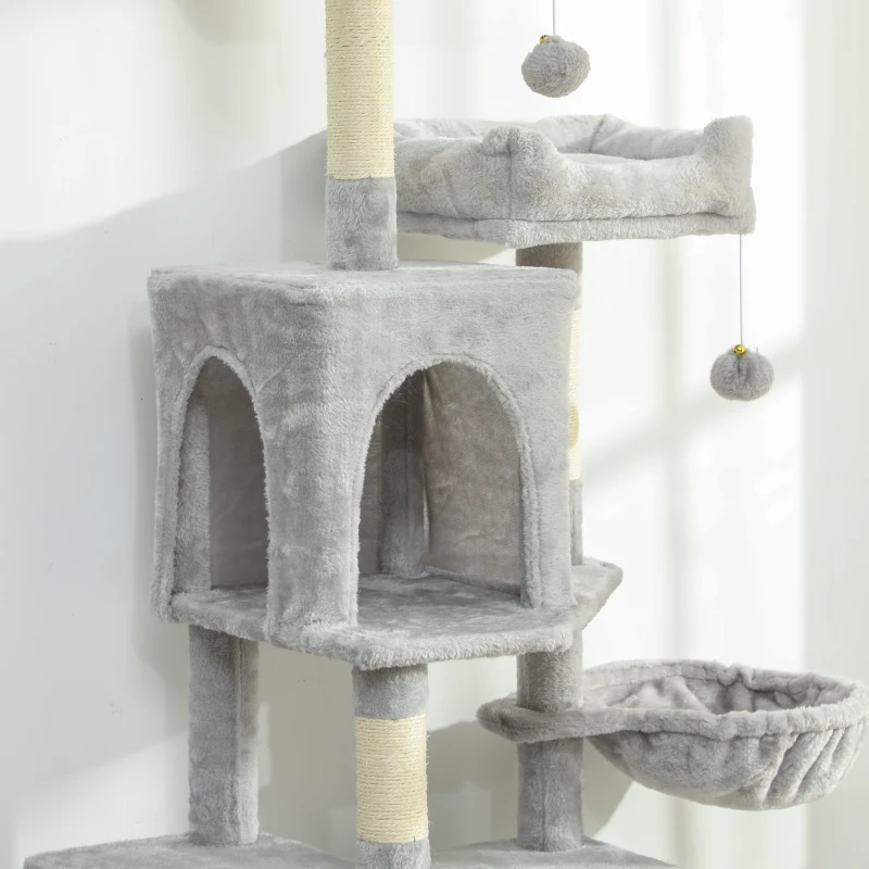 PawHut Cat Tree, 70" Multi-Level Cat Tower with 2 Condos, 2 Beds, Hammock, Toy Balls, Scratching Posts and Board, Light Grey