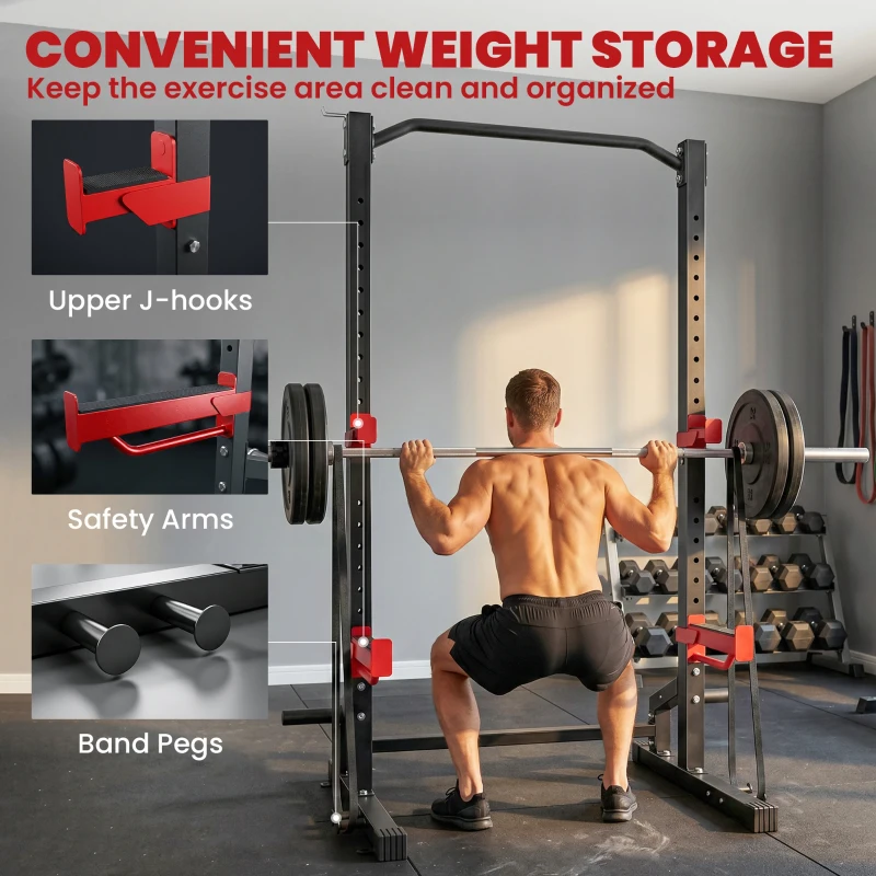 Soozier Power Cage Squat Rack, 1100LB Heavy-Duty Power Rack with Pull-Up Bar, Adjustable J-Hooks, Plates and Barbell Storage