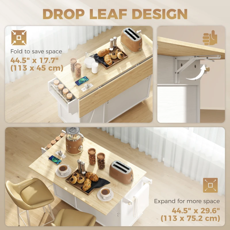 HOMCOM Kitchen Island with Drop Leaf, Rolling Kitchen Cart with Power Outlet, Cabinet, 3 Drawers, Spice Rack, Towel Bar, White