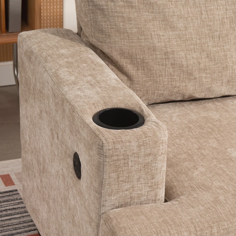 HOMCOM 3 Seater Sofa with USB Ports & Cup Holders, Chenille-Feel Upholstered Couch for Living Room, Light Brown