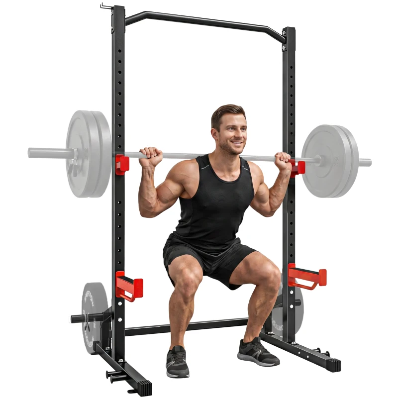 Soozier Power Cage Squat Rack, 1100LB Heavy-Duty Power Rack with Pull-Up Bar, Adjustable J-Hooks, Plates and Barbell Storage