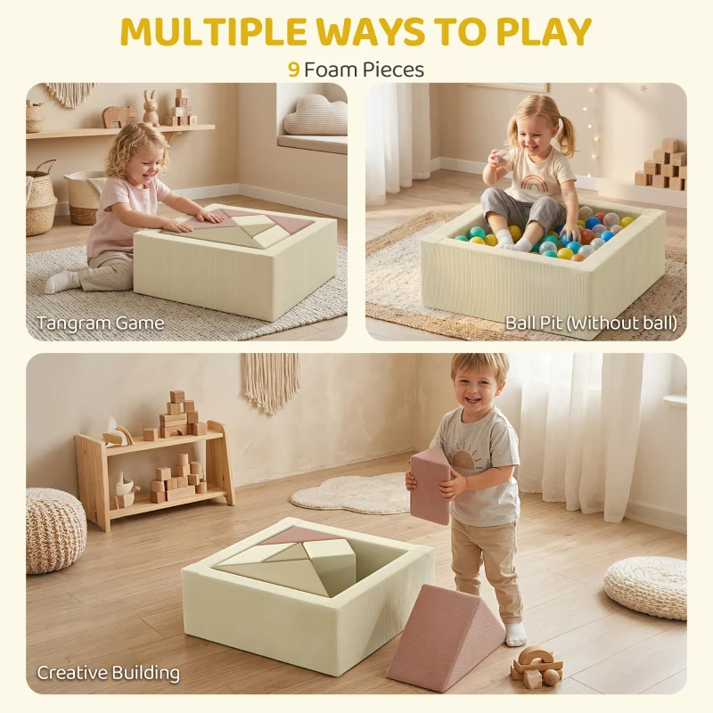 Qaba Toddlers Climbing Toys, 9-Piece Foam Climbing Blocks with Tangram Play, Washable Covers for Crawling or Ball Pit Play