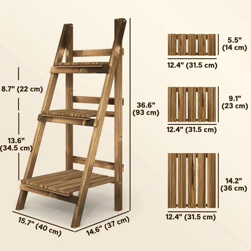 Outsunny Outdoor Plant Stand, Foldable Flower Stand 3-Tier Wooden Plant Shelf for Garden Indoor Outdoor, 16" x 15" x 37"