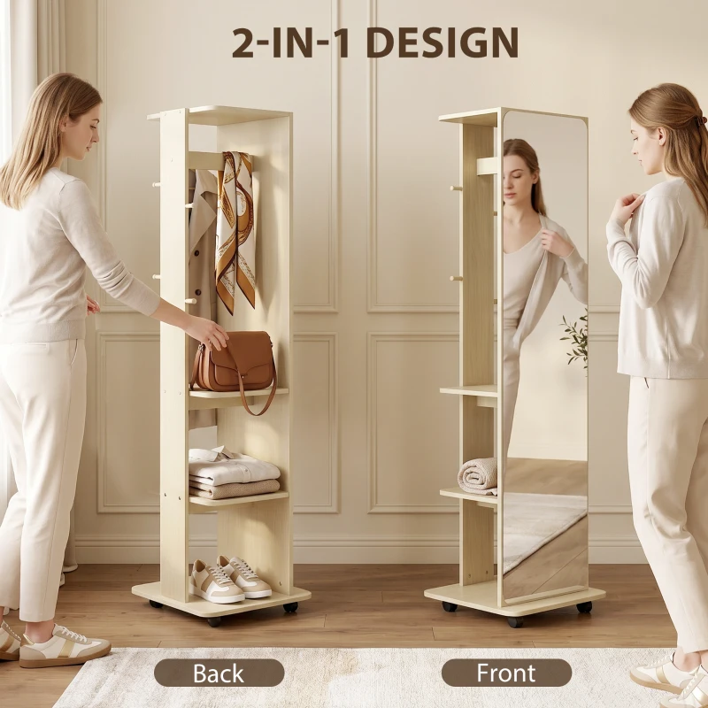 HOMCOM 15" x 62" Full Length Mirror, Tempered Glass Floor Mirror on Wheels with Storage Shelves, Coat Hangers, Natural Wood