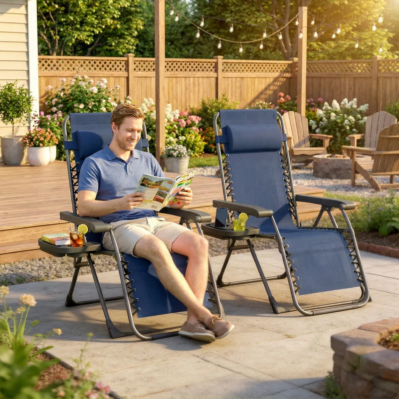 Outsunny Zero Gravity Chair Set of 2, Folding Reclining Outdoor Lounge Chair with Cup Holder, Headrest, Dark Blue