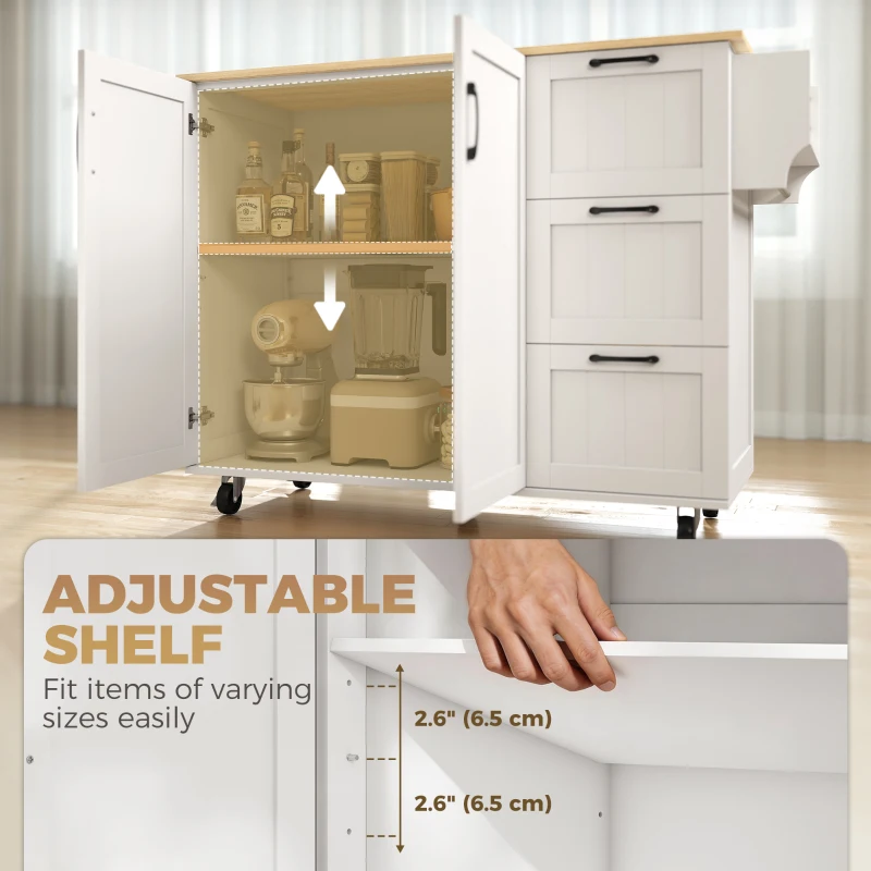 HOMCOM Kitchen Island with Drop Leaf, Rolling Kitchen Cart with Power Outlet, Cabinet, 3 Drawers, Spice Rack, Towel Bar, White