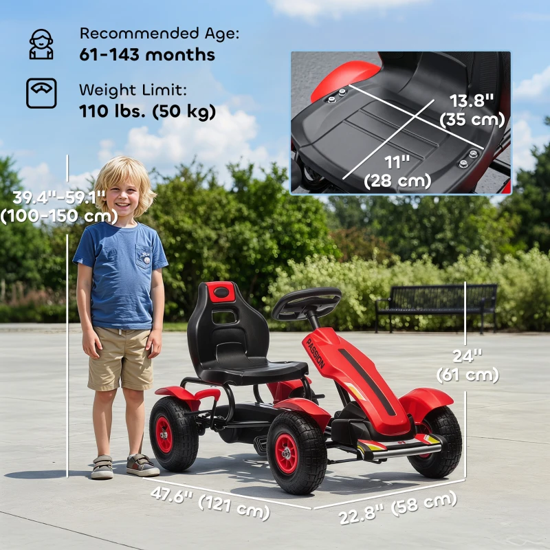 Aosom Pedal Go Kart for Kids, Pedal Car with Adjustable Bucket, Handbrake, 4 Rubber Wheels Powered Ride, Red