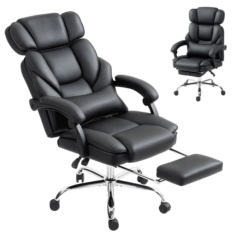 HOMCOM PU Leather Office Chair, Reclining Desk Chair with Footrest, Adjustable Headrest, Lumbar Support, Swivel Wheels, Black