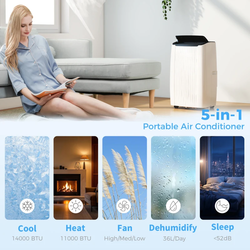 HOMCOM 14000 BTU 5-in-1 Portable Air Conditioner with Cool, Heat, Dehumidifier, Fan, Sleep, WiFi Voice Control, White