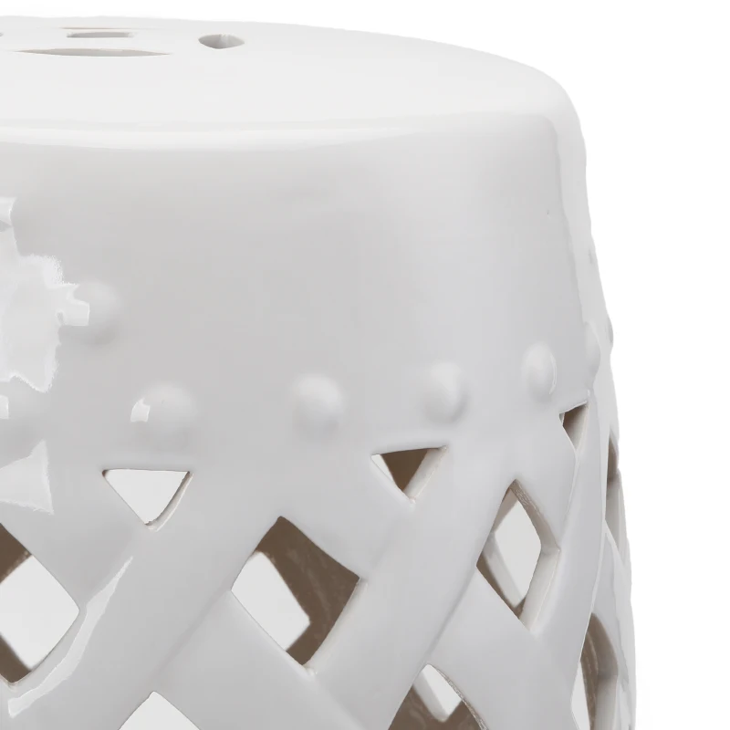 Outsunny 12.4" x 17.9" Ceramic Garden Stool with Woven Lattice Design, Indoor & Outdoor Decorative Accent Stool, White