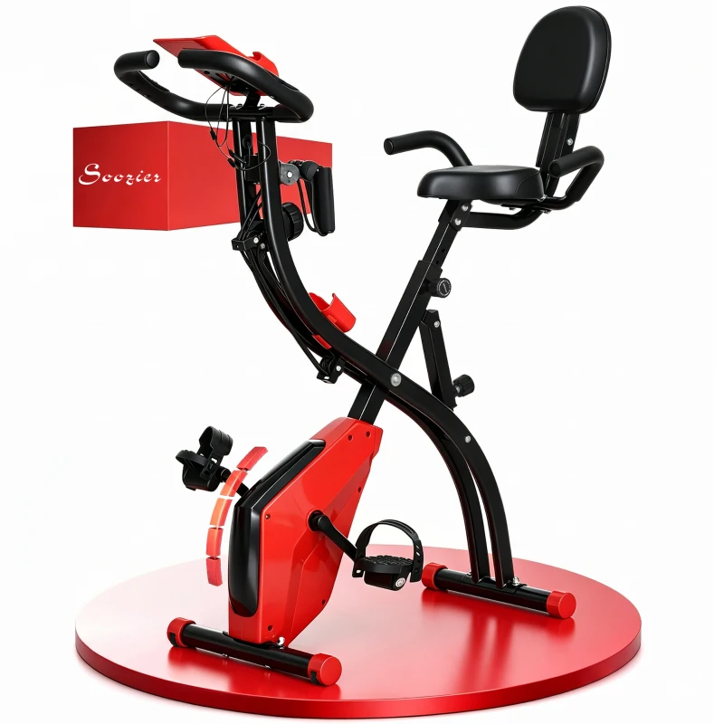 Soozier 3 in 1 Folding Exercise Bike, Foldable Stationary Bike with 8-Level Magnetic Resistance, Adjustable Seat, Red