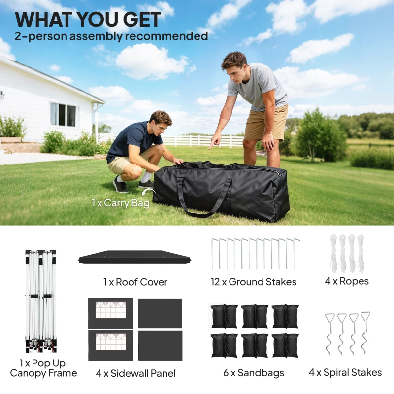 Outsunny 10 x 20 ft Pop Up Canopy Tent with Reflective Strips, UPF 50+ Easy up Instant Canopy with 6 Sandbags, Black