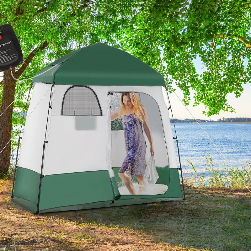 Outsunny Two Room Pop Up Shower Tent with Shower Bag, Floor and Carry Bag, Green