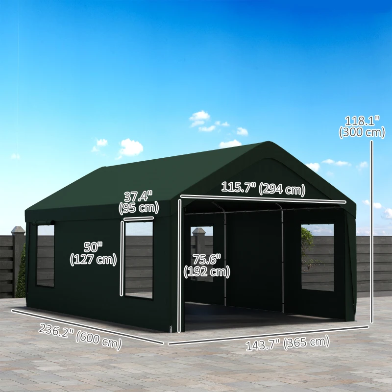 Outsunny 12 x 20ft Carport with 2 Roll-Up Doors, 4 Windows, Portable Garage with Removable Sidewalls for Car, Truck, Dark Green