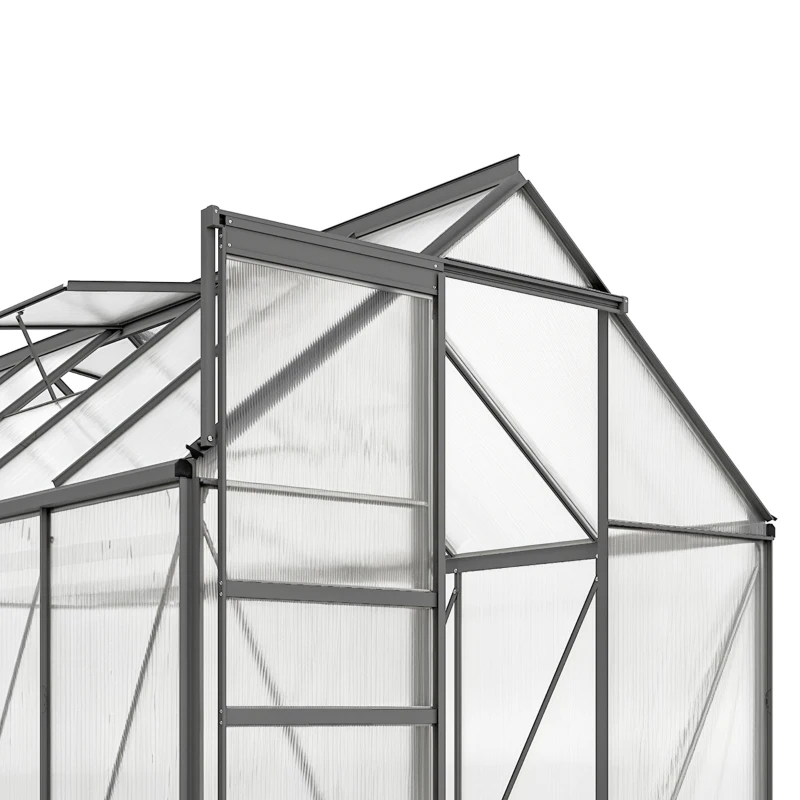 Outsunny 6' x 12' x 6.5' Polycarbonate Greenhouse, Walk-in Green House with Aluminum Frame Adjustable Roof Vent Galvanized Base Sliding Door Rain Gutter for Outdoor Garden, Grey