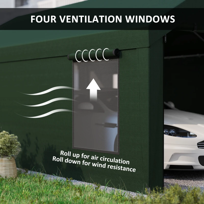 Outsunny 12 x 20ft Carport with 2 Roll-Up Doors, 4 Windows, Portable Garage with Removable Sidewalls for Car, Truck, Dark Green
