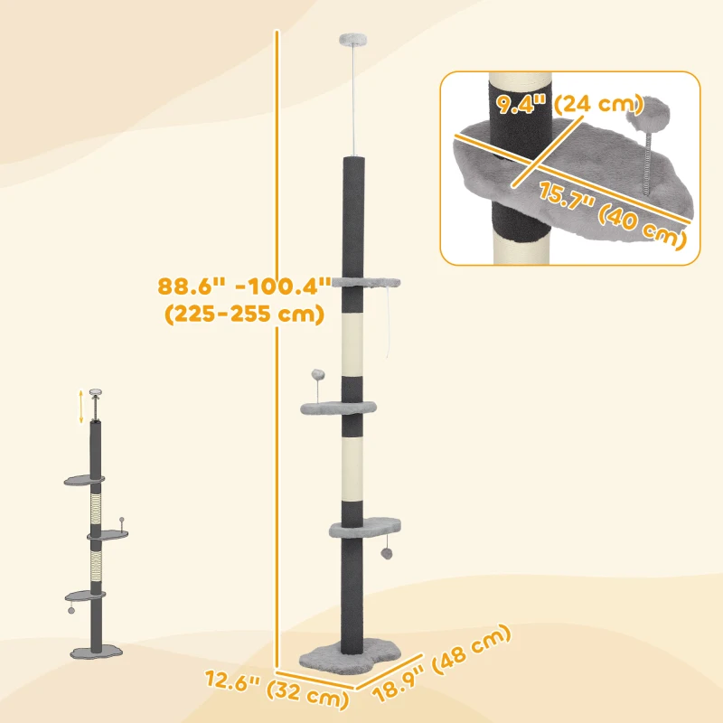 PawHut 88.5"-100.5" Floor to Ceiling Cat Tree, Cat Tower with Scratching Posts, Cloud Shaped Platforms, Dangling Balls, Grey