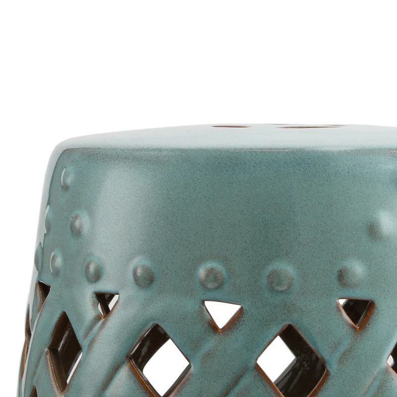 Outsunny 12.4" x 17.9" Ceramic Garden Stool with Woven Lattice Design, Indoor & Outdoor Decorative Accent Stool, Blue