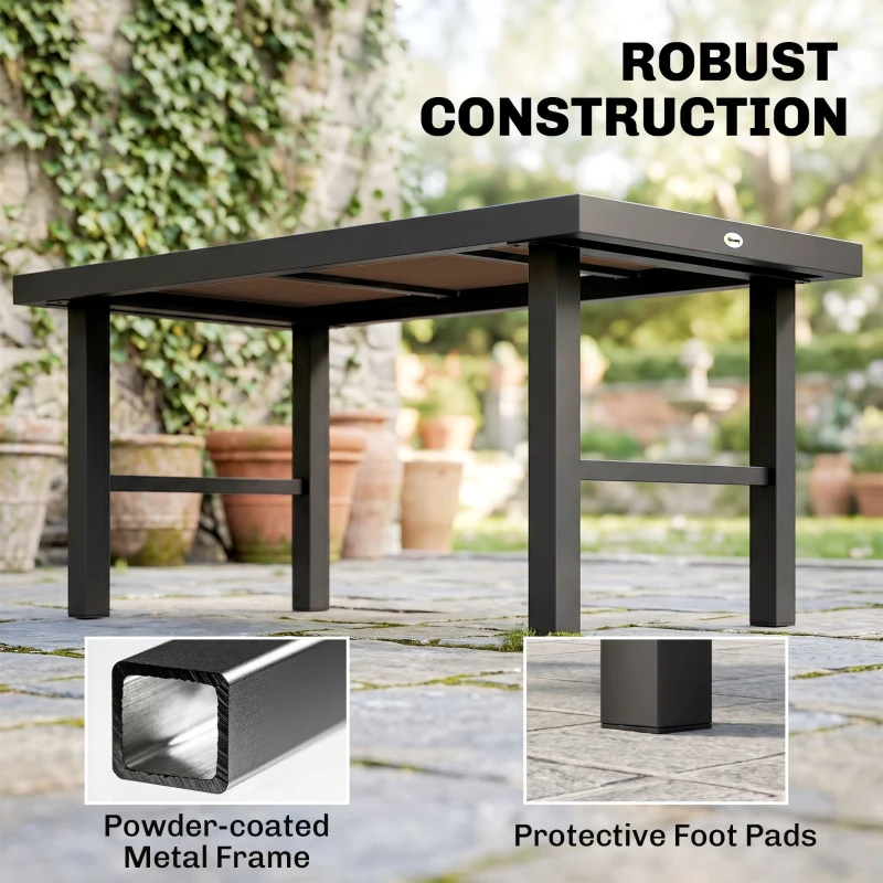 Outsunny Outdoor Side Table with SPC Woodgrain Tabletop, Metal Patio Coffee Table for Outside Garden, Brown