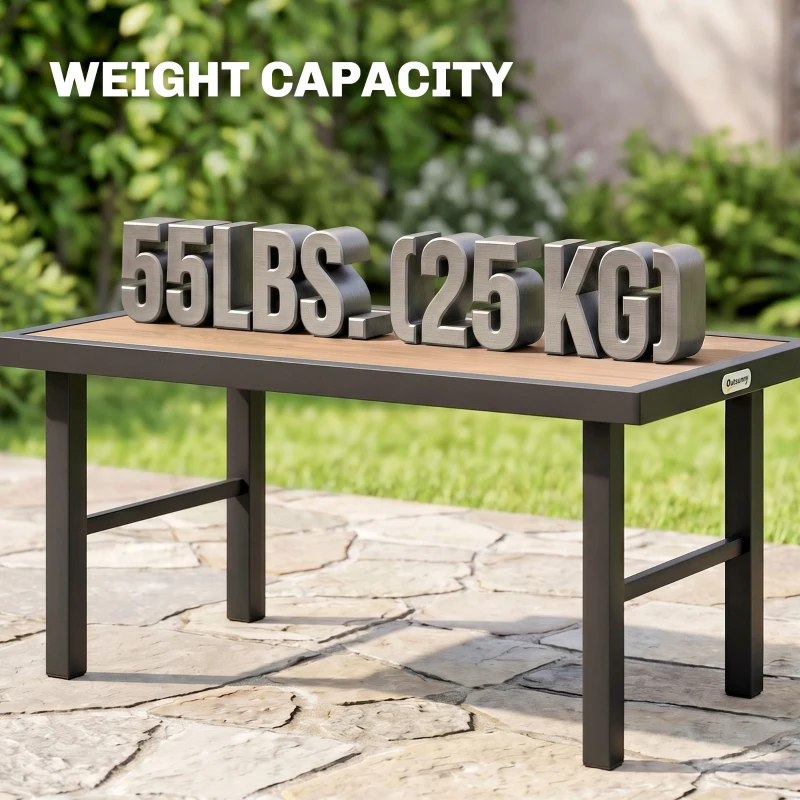 Outsunny Outdoor Side Table with SPC Woodgrain Tabletop, Metal Patio Coffee Table for Outside Garden, Brown