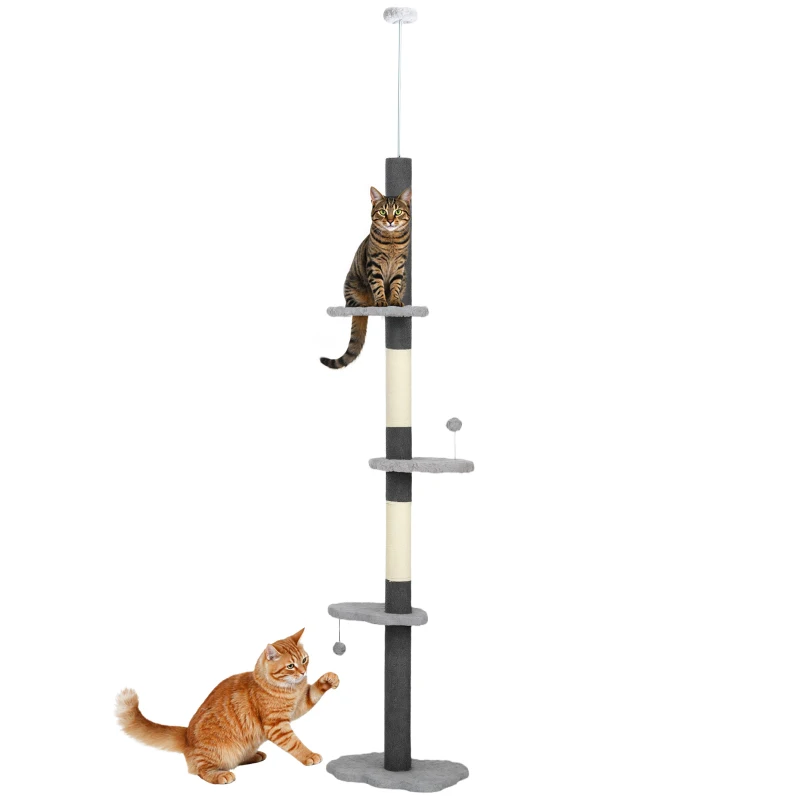 PawHut 88.5"-100.5" Floor to Ceiling Cat Tree, Cat Tower with Scratching Posts, Cloud Shaped Platforms, Dangling Balls, Grey