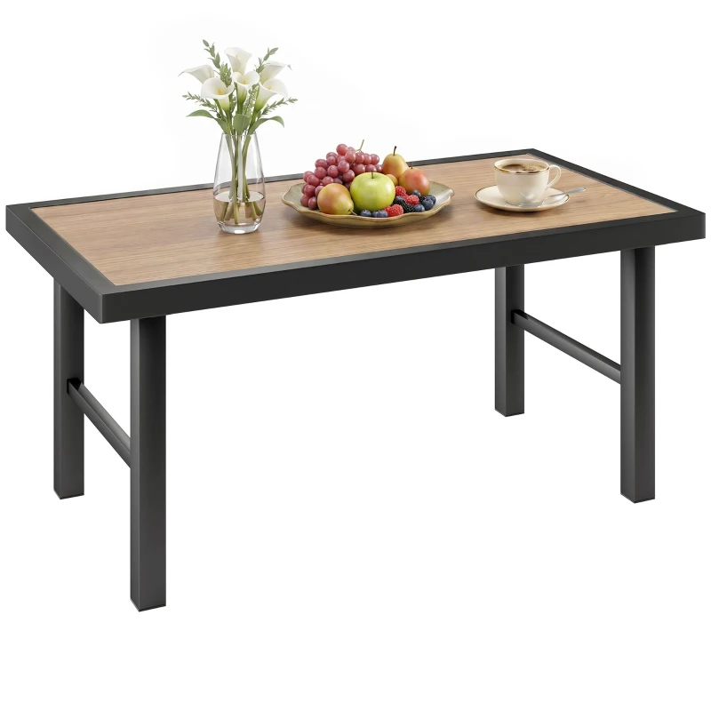 Outsunny Outdoor Side Table with SPC Woodgrain Tabletop, Metal Patio Coffee Table for Outside Garden, Brown