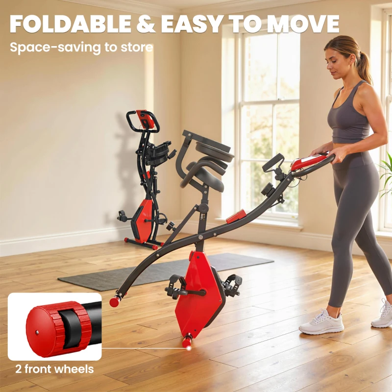 Soozier 3 in 1 Folding Exercise Bike, Foldable Stationary Bike with 8-Level Magnetic Resistance, Adjustable Seat, Red