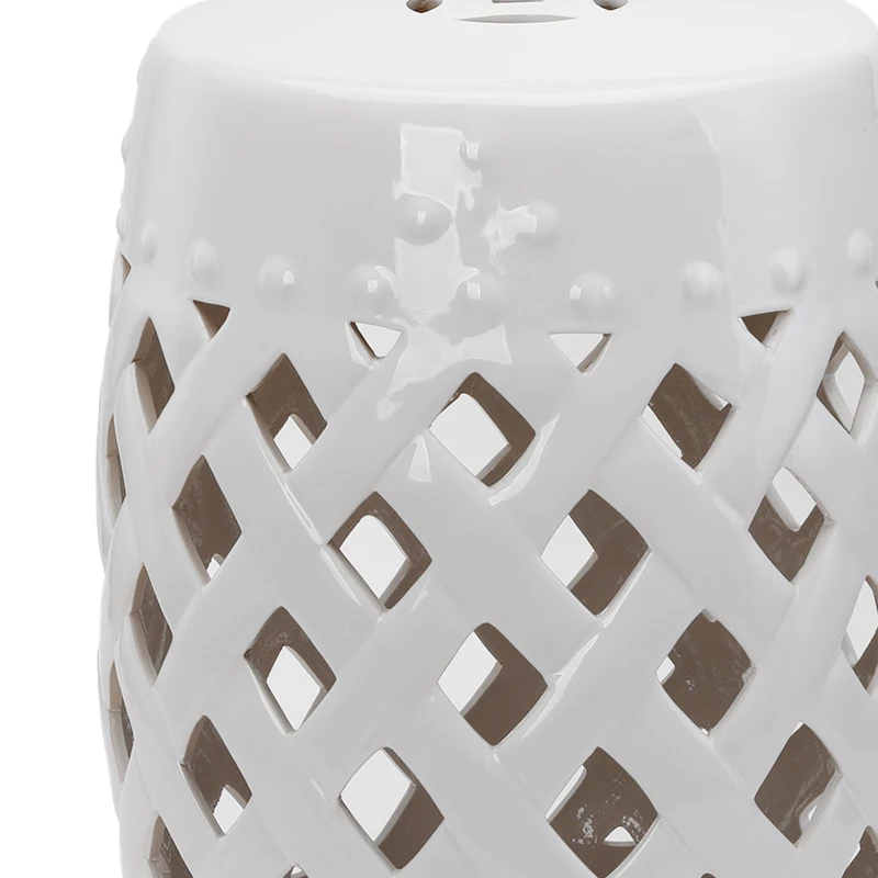 Outsunny 12.4" x 17.9" Ceramic Garden Stool with Woven Lattice Design, Indoor & Outdoor Decorative Accent Stool, White