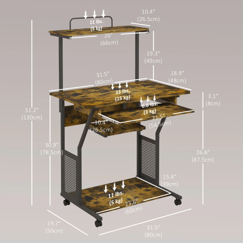HOMCOM 32" Mobile Computer Table, Rolling Study Desk for Home Office with Keyboard Tray, Storage Shelves, Wheels, Rustic Brown