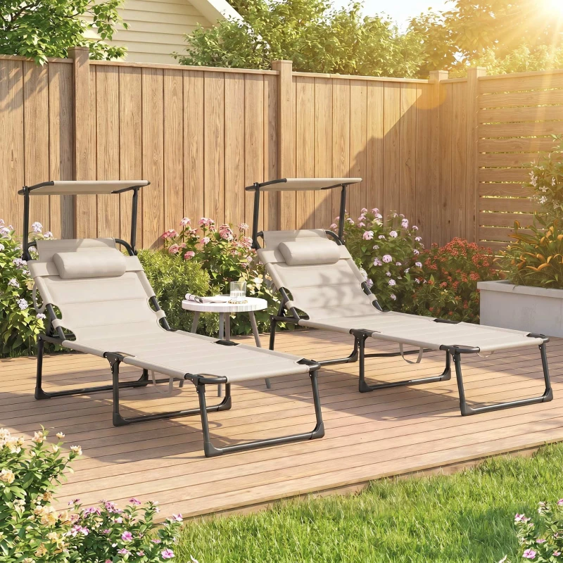 Outsunny 2 Pcs Outdoor Lounge Chair, 4 Position Adjustable Backrest, Folding, Cushioned w/ Sun Shade Roof & Pillow, Cream White