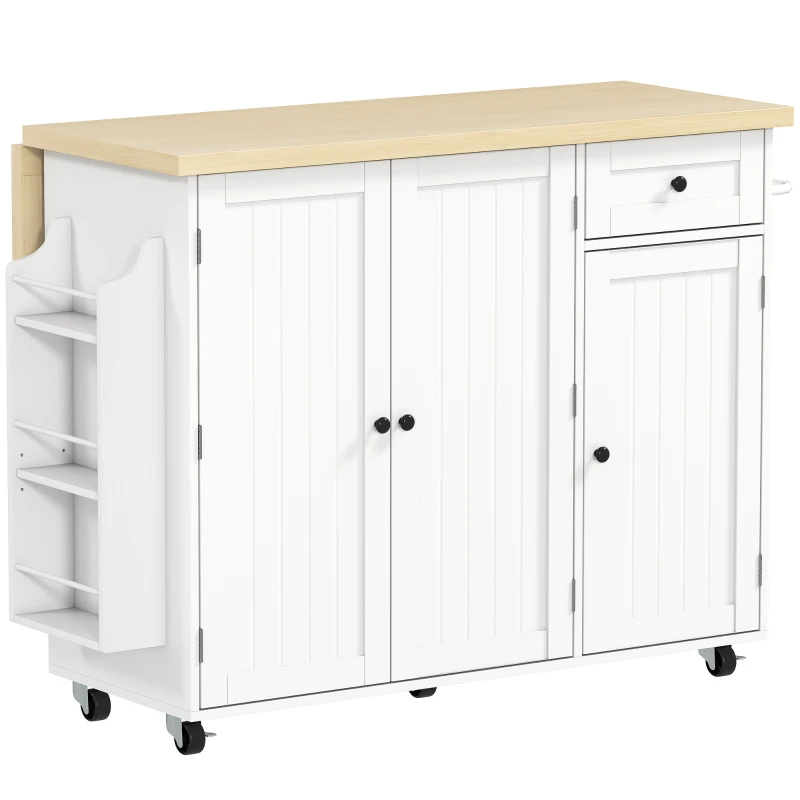 HOMCOM Kitchen Island Cart, Rolling Kitchen Island Table with Drop Leaf, Drawer, Spice and Towel Rack, White