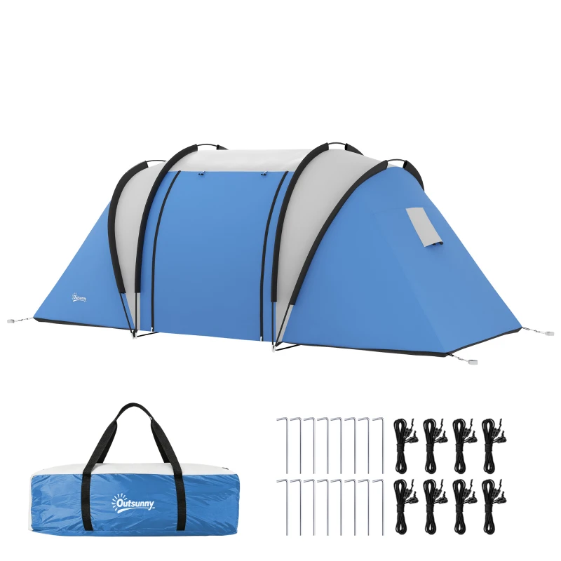 Outsunny Camping Tent with 2 Bedrooms and Living Area, 3000mm Waterproof Family Tent, for Fishing Hiking Festival, Blue